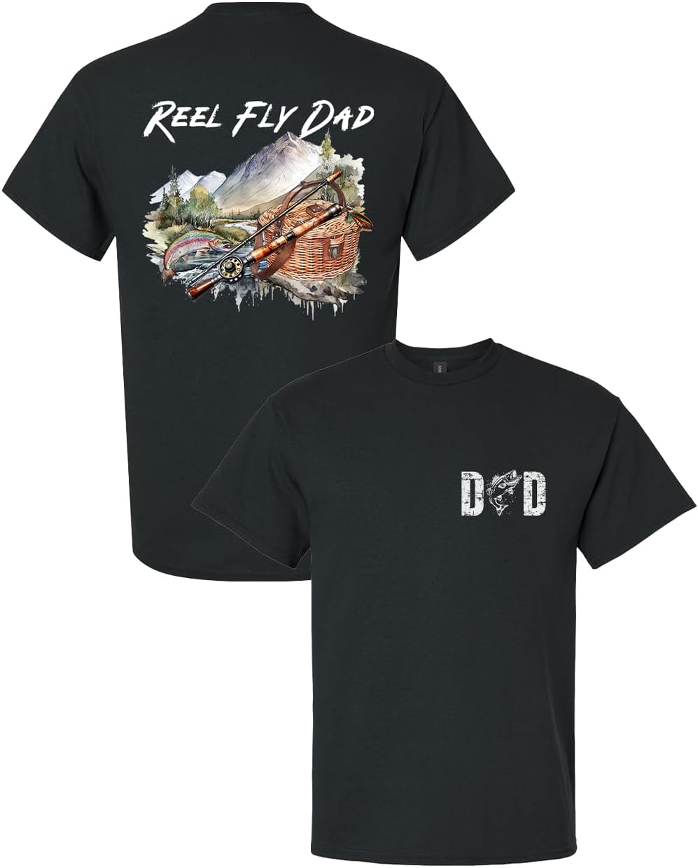 Trenz Shirt Company Men’s Distressed Reel Fly Dad Fishing Shirt – Outdoor Tee for Fishing Enthusiasts - Black