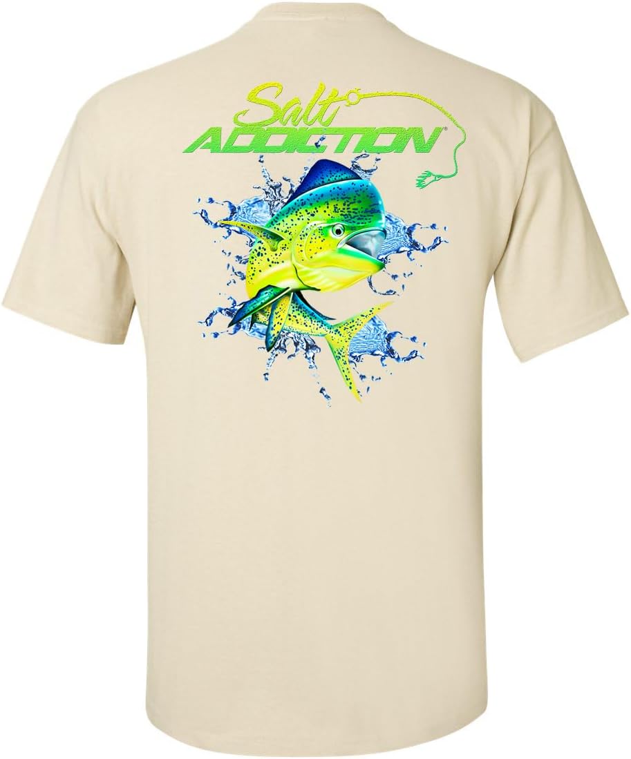 Salt Addiction Dolphin Saltwater Fishing Men's Short Sleeve T-Shirt, Multicolor, S-5XL, Cotton and 50/50 - Sand