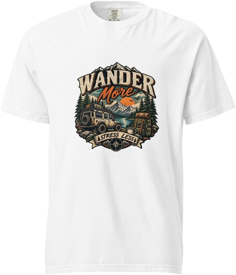 Camping Hiking Outdoor Adventure T-Shirt Wander More Stress Less - White