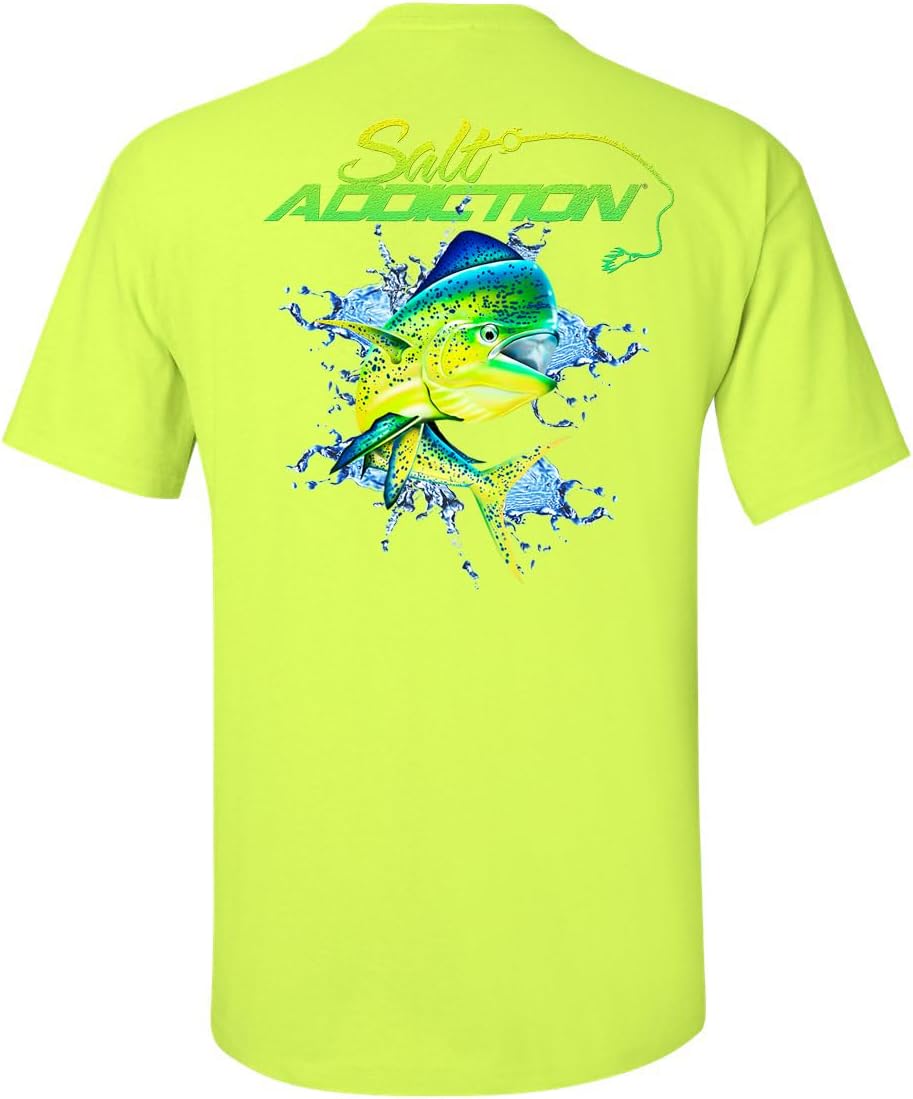 Salt Addiction Dolphin Saltwater Fishing Men's Short Sleeve T-Shirt, Multicolor, S-5XL, Cotton and 50/50 - Yellow