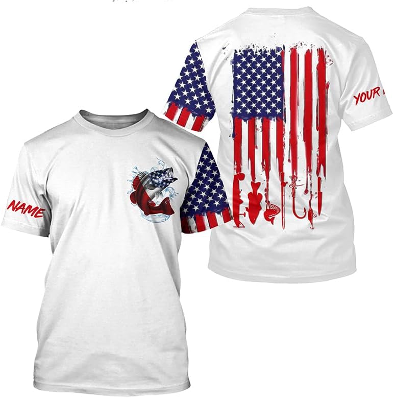 American Flag Largemouth Bass Fishing Personalized Patriotic UV Protection Long Sleeve Fishing Shirts - All-over Print