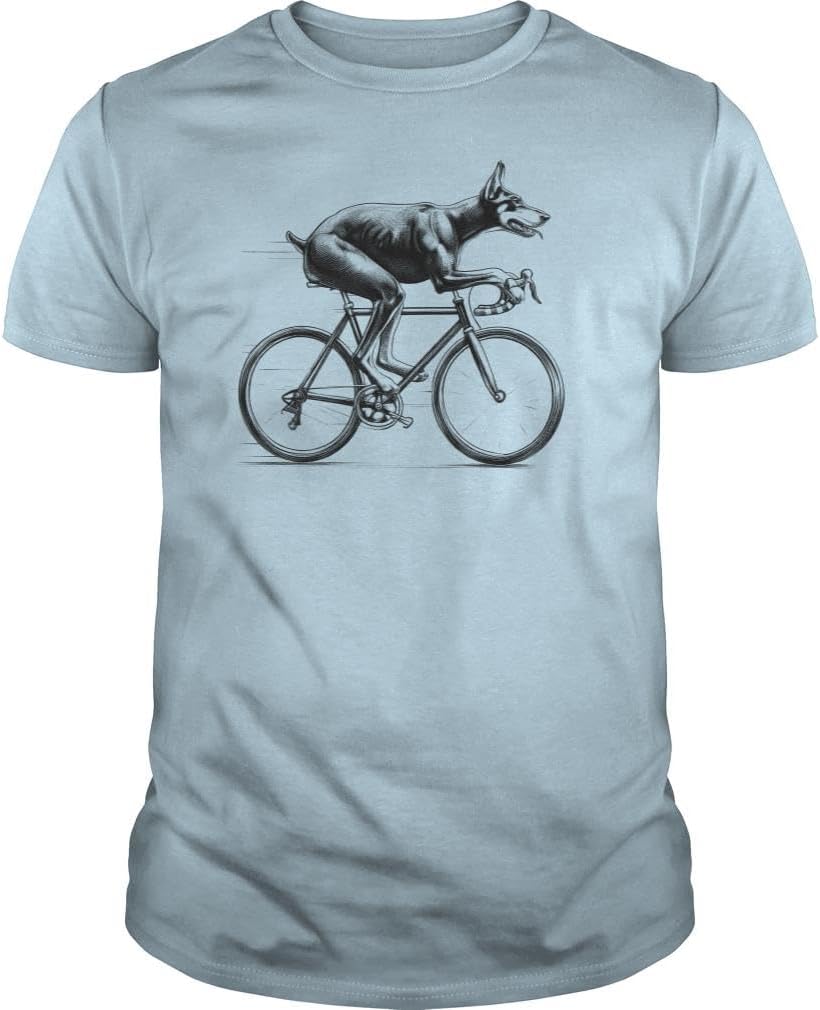 Doberman Riding Bike Unisex T-Shirt - Light Blue