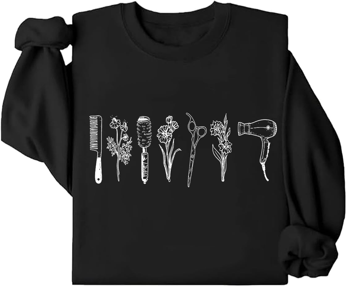 Minimalist Hairstylist Sweatshirt, Hair Stylist Sweatshirt, Unisex Wildflower Hairdresser Hair Therapist Sweatshirt - Black