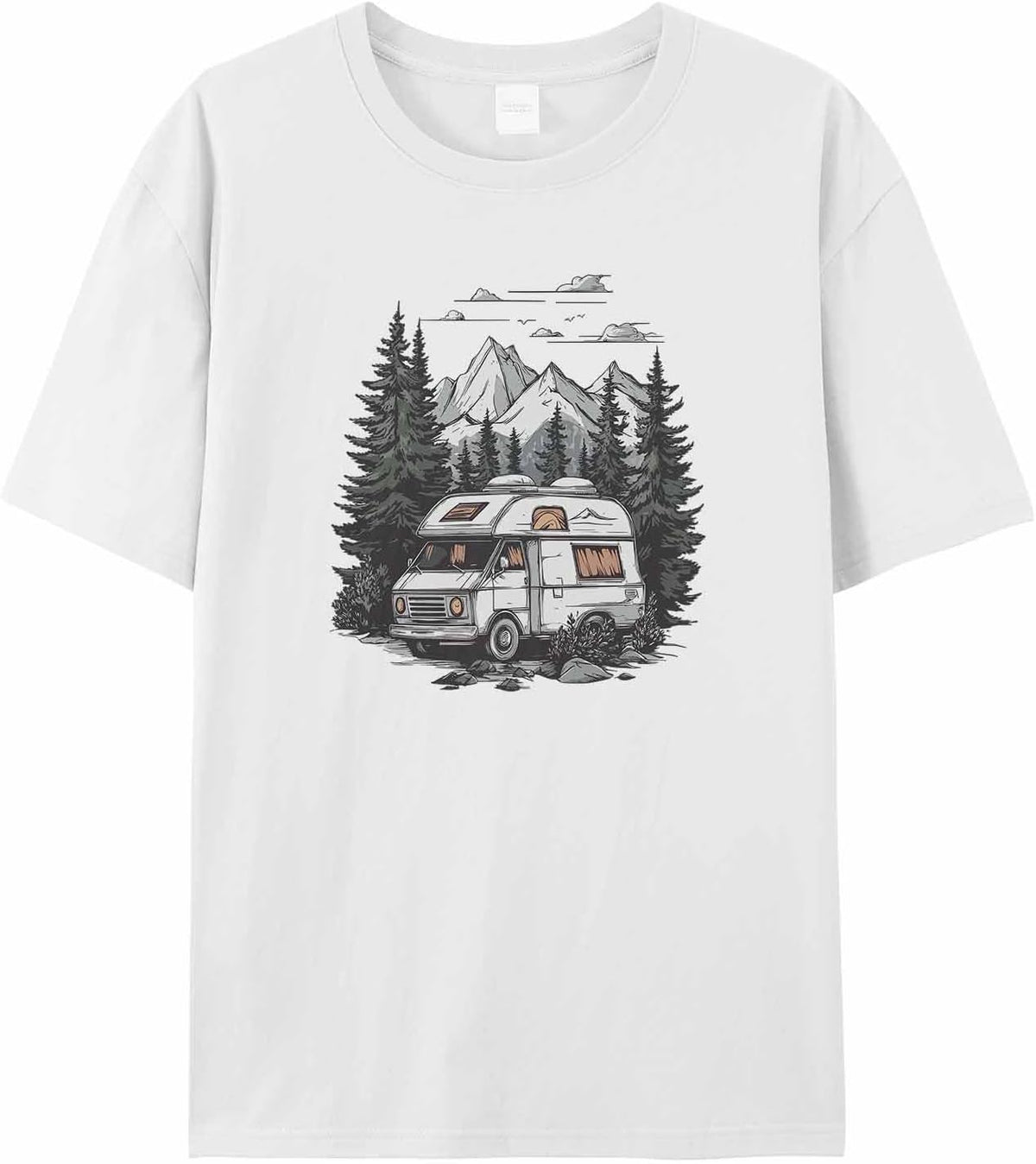 Men's T-Shirt, Camper Van RV Short Sleeve Crewneck Casual Tee Shirts - White