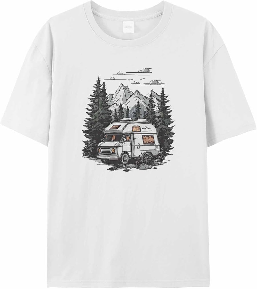 Men's T-Shirt, Camper Van RV Short Sleeve Crewneck Casual Tee Shirts - White