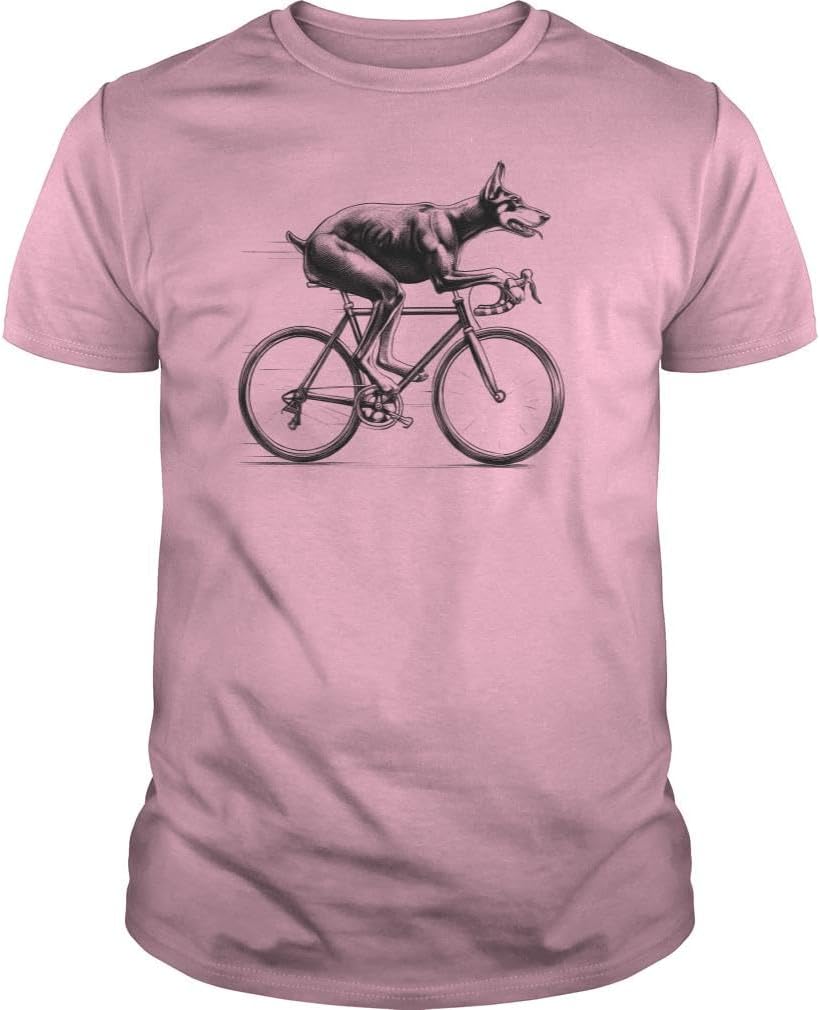 Doberman Riding Bike Unisex T-Shirt - Light Pink