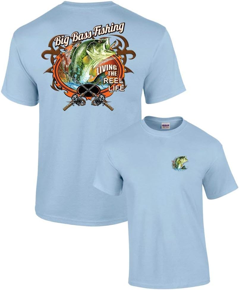 Big Bass Fishing T-Shirt Fisherman Outdoors Fish Boating Sporting Sport -Lightblue-Medium - As Pictured