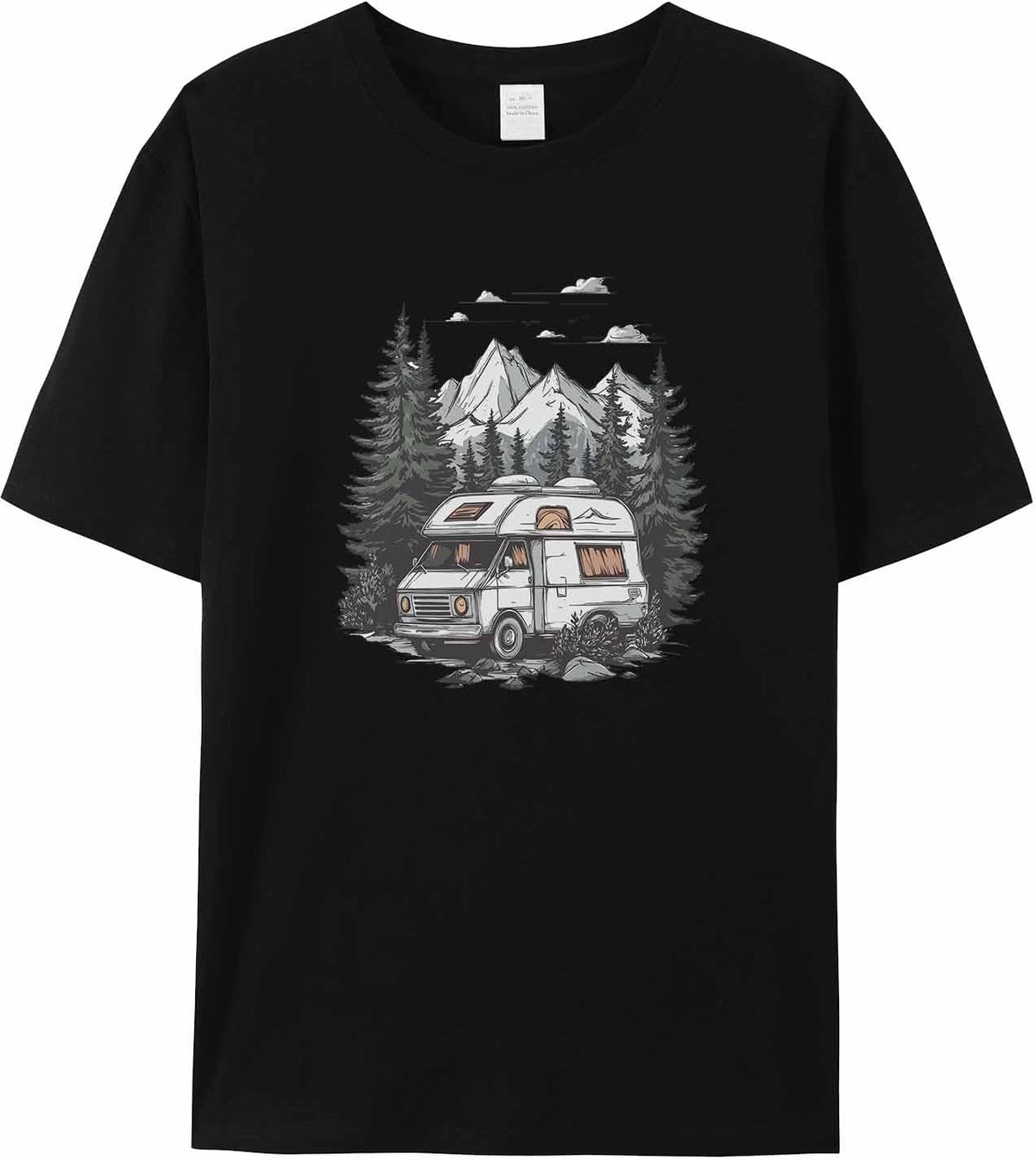 Men's T-Shirt, Camper Van RV Short Sleeve Crewneck Casual Tee Shirts - Black