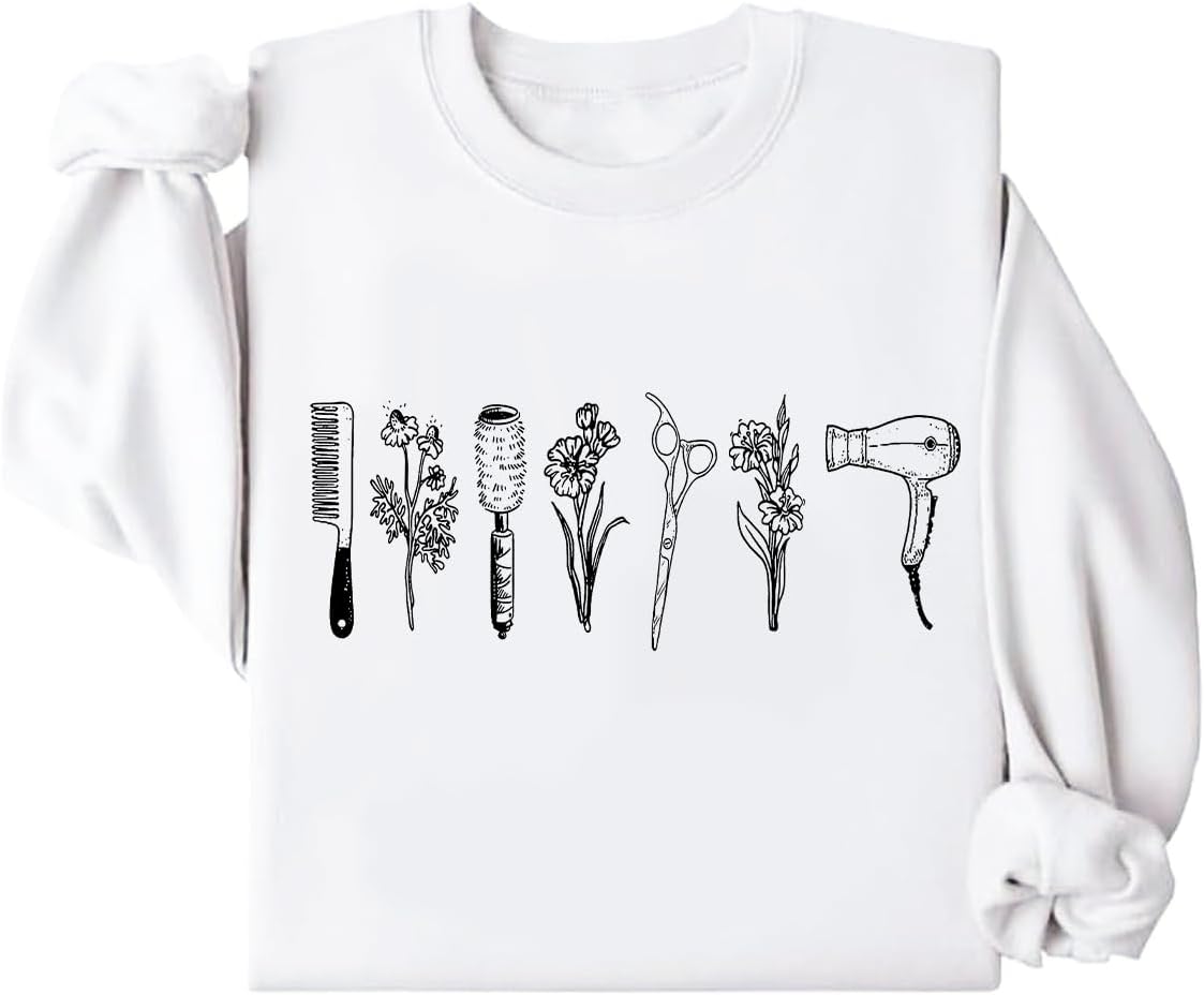 Minimalist Hairstylist Sweatshirt, Hair Stylist Sweatshirt, Unisex Wildflower Hairdresser Hair Therapist Sweatshirt - White