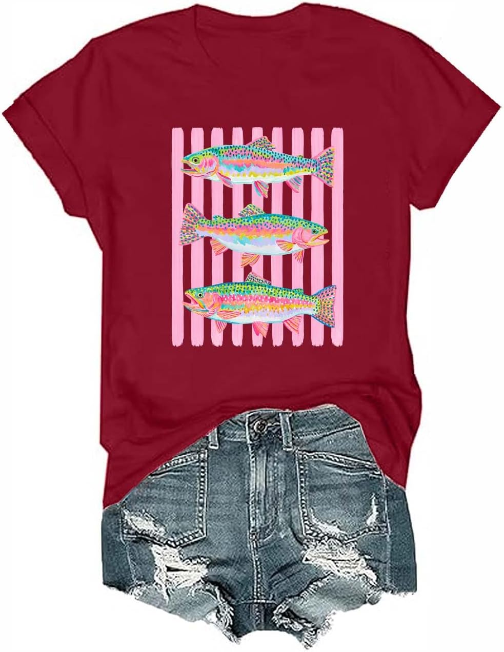 Rainbow Trout Fishing Shirt Colorful Fish Angler Graphic Tee - Crewneck Wine