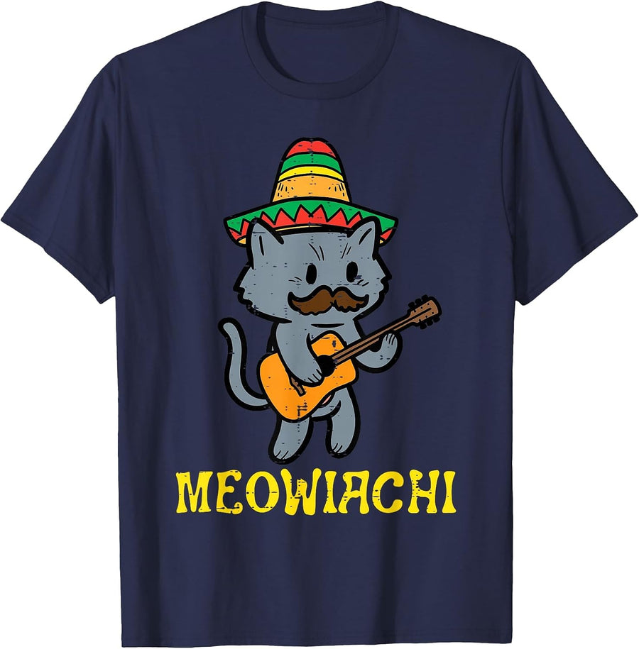 Meowiachi Cat Mariachi Funny Cinco De Mayo Mexican Fiesta T-Shirt - Navy Blue