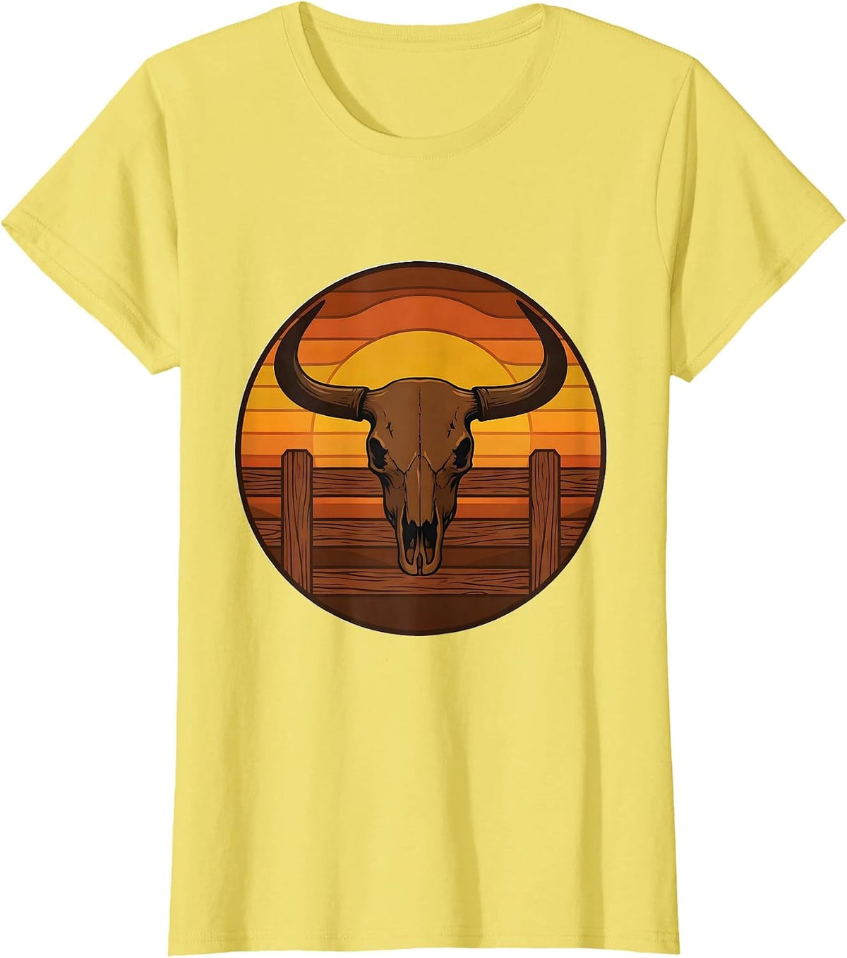 Women's Bull Horns Bursting Through Fence Rodeo Graphic T-Shirt - Lemon Yellow