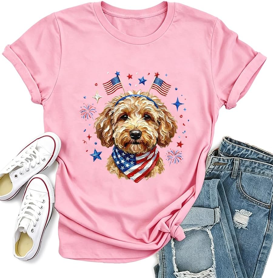 USA Goldendoodle Dog Shirt Goldendoodle 4th of July Patriotic Golden Doodle Dog T-Shirt - Crew neck Pink-1