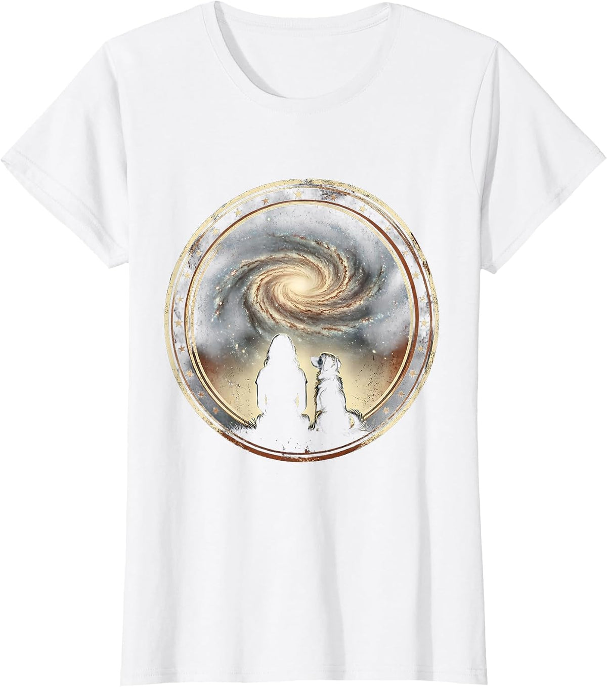 Woman and Dog Gazing at Starry Galaxy Design T-Shirt - White