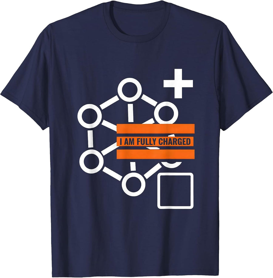 I Am Fully Charged Brutalist Chemistry Nerd Humor Gift T-Shirt - Navy Blue