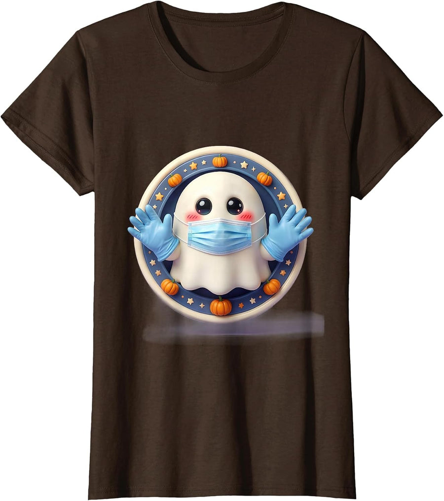Women's Halloween Ghost Surgeon Underscrub Design T-Shirt - Brown