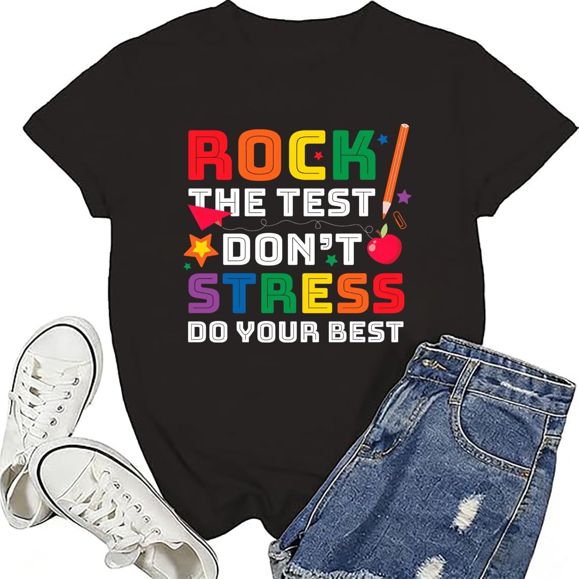 Rock The Test Don't Stress Shirt, Just Do Your Best Teacher T-Shirt, Testing Shirts for Teachers - Crewneck Black