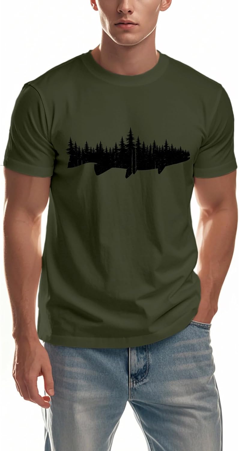 Mens Fishing Shirt Forest Trout Outdoor Fishing Camping Casual Tee - Green