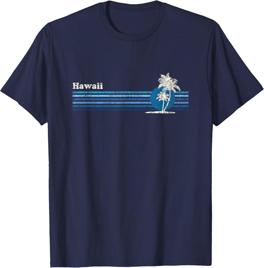Hawaiian T-Shirt Vintage 80s Palm Trees Sunset Tee T-Shirt - Navy Blue