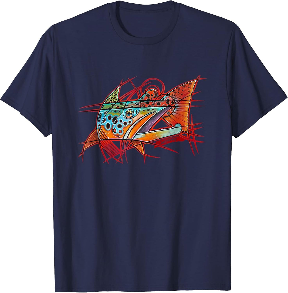 Cubist Brown Trout Fishing T-Shirt Derek Deyoung - Navy Blue