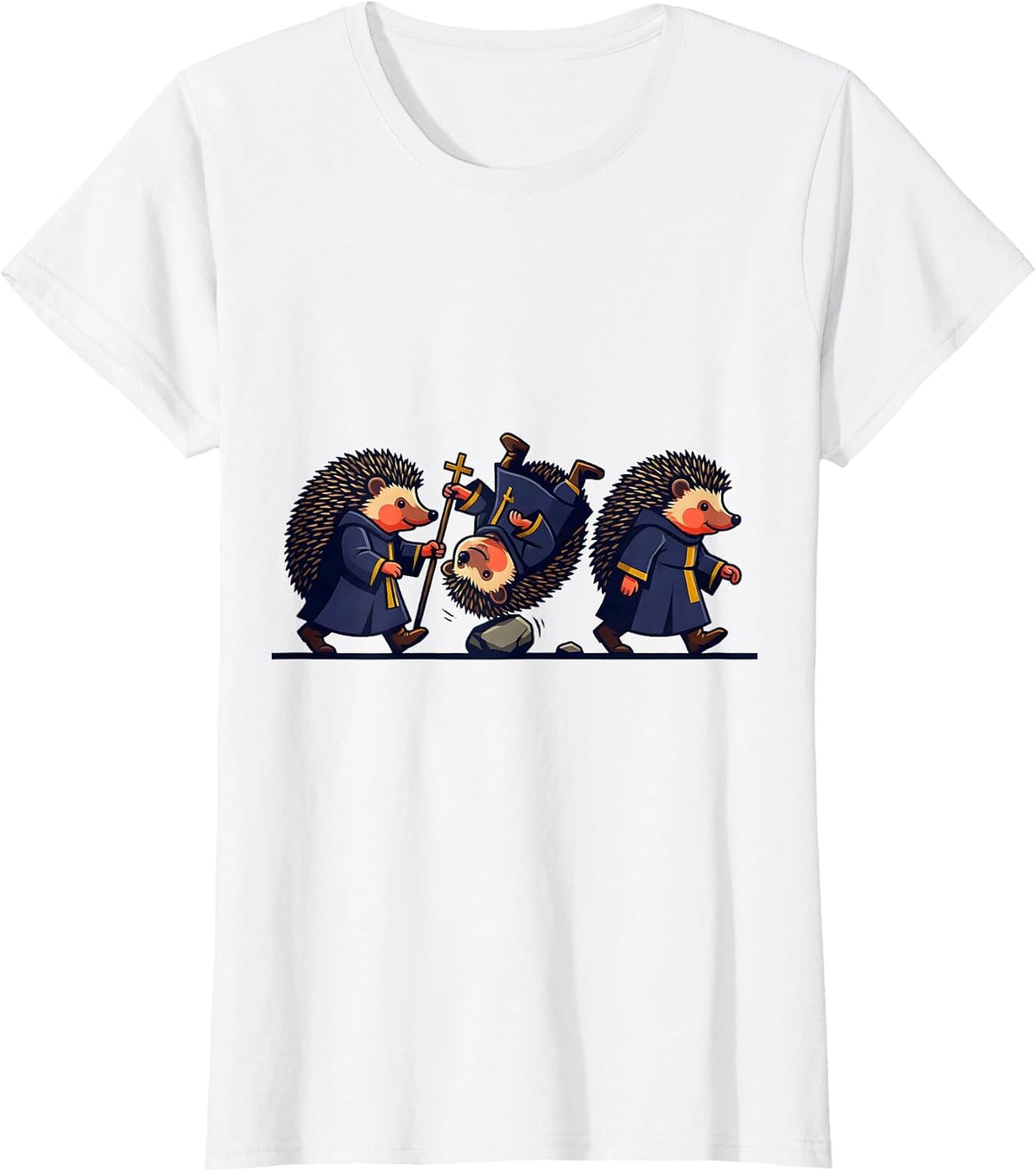 Hedgehog Pilgrims Tumbling Faith Mascot Logo T-Shirt - White
