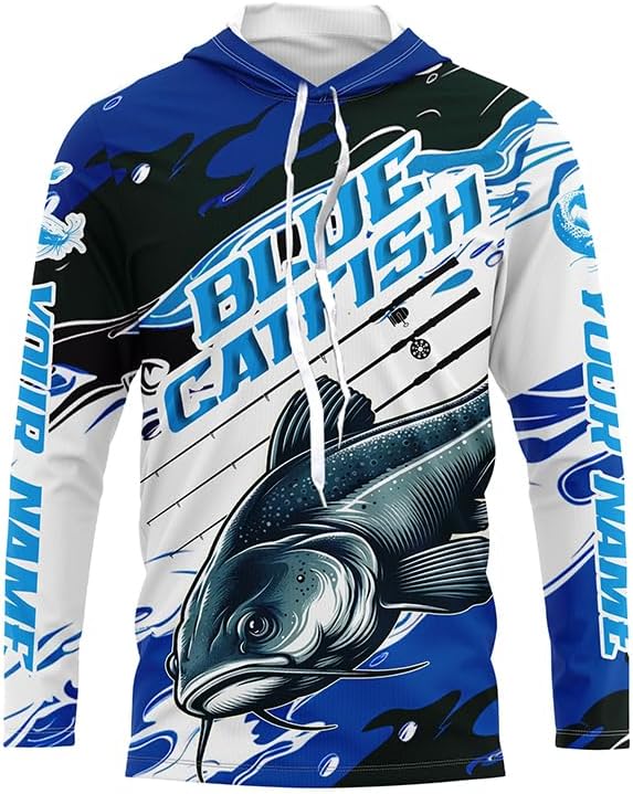 Custom Blue Catfish Fishing Jerseys, Catfish Long Sleeve Tournament Fishing Shirts | Blue Camo - Long Sleeves Hooded Upf