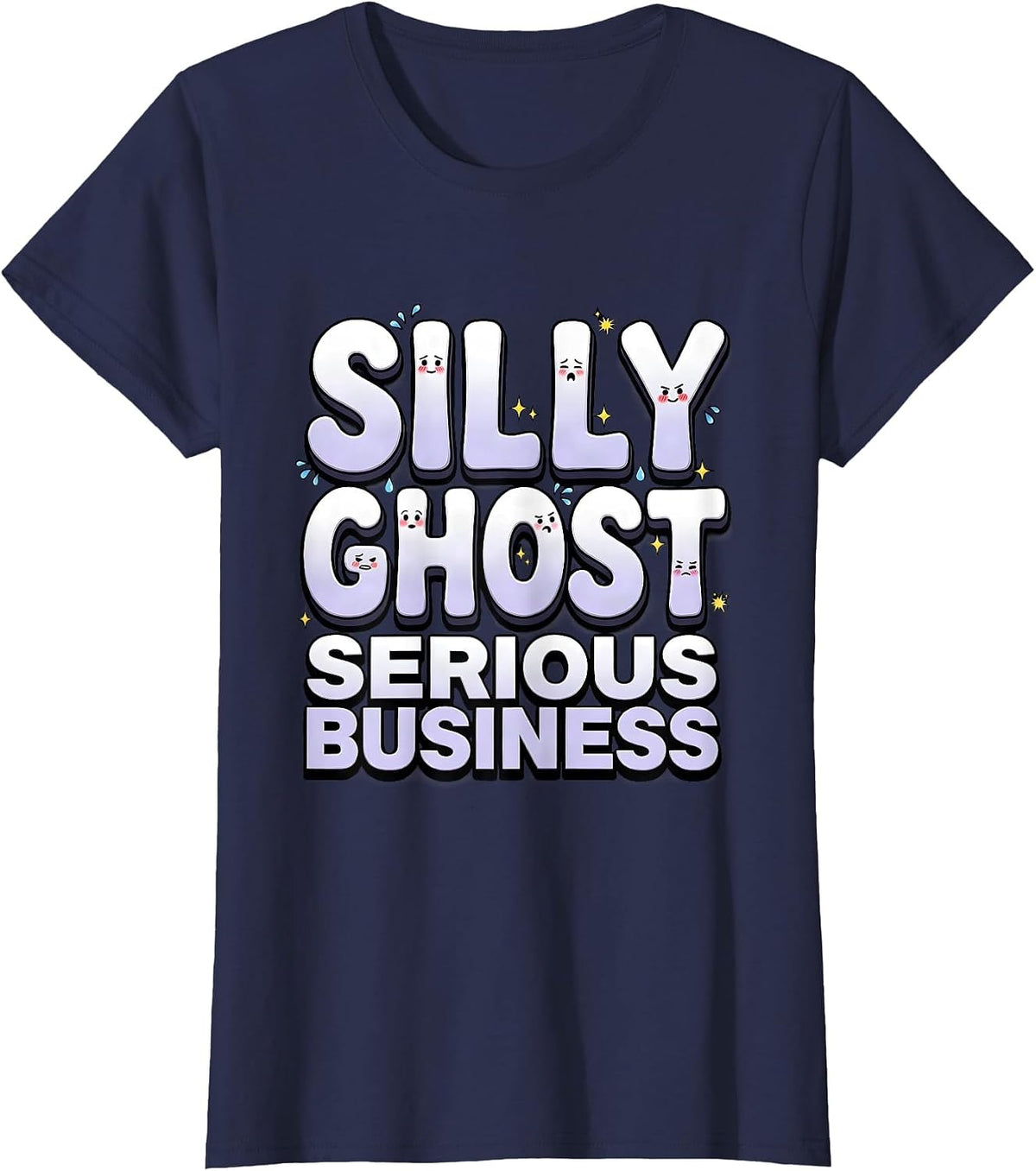 Women's Cute Silly Ghosts Funny Faces Serious Business T-Shirt - Navy Blue