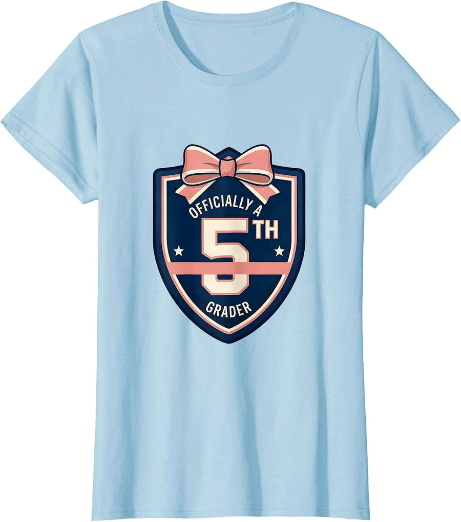 Women's Officially A 5th Grader Coquette Bow Back to School Grade T-Shirt - Baby Blue