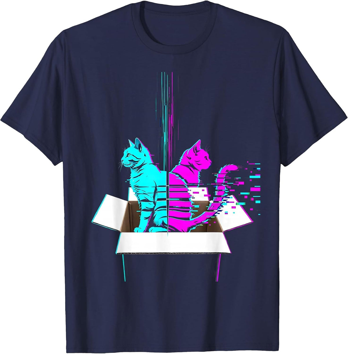 Glitchy Cat Data Strip Quantum Physics Humor T-Shirt - Navy Blue