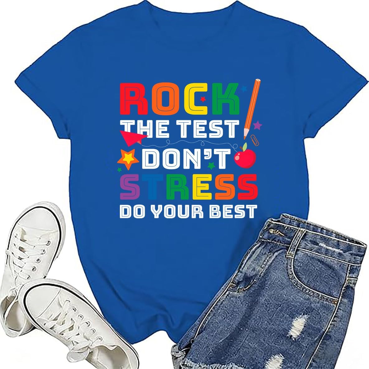 Rock The Test Don't Stress Shirt, Just Do Your Best Teacher T-Shirt, Testing Shirts for Teachers - Crewneck Sapphire Blue