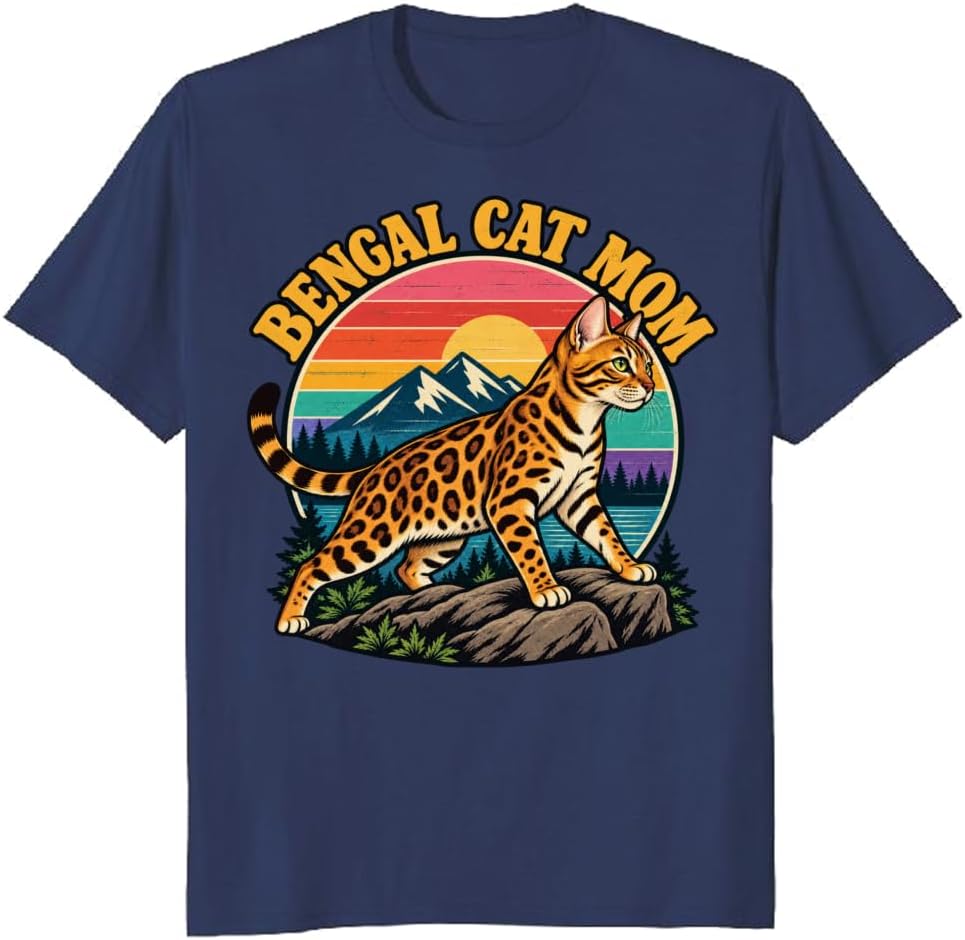 Bengal Cat Mom T-Shirt Retro Mountain Sunset Graphic Tee - S3