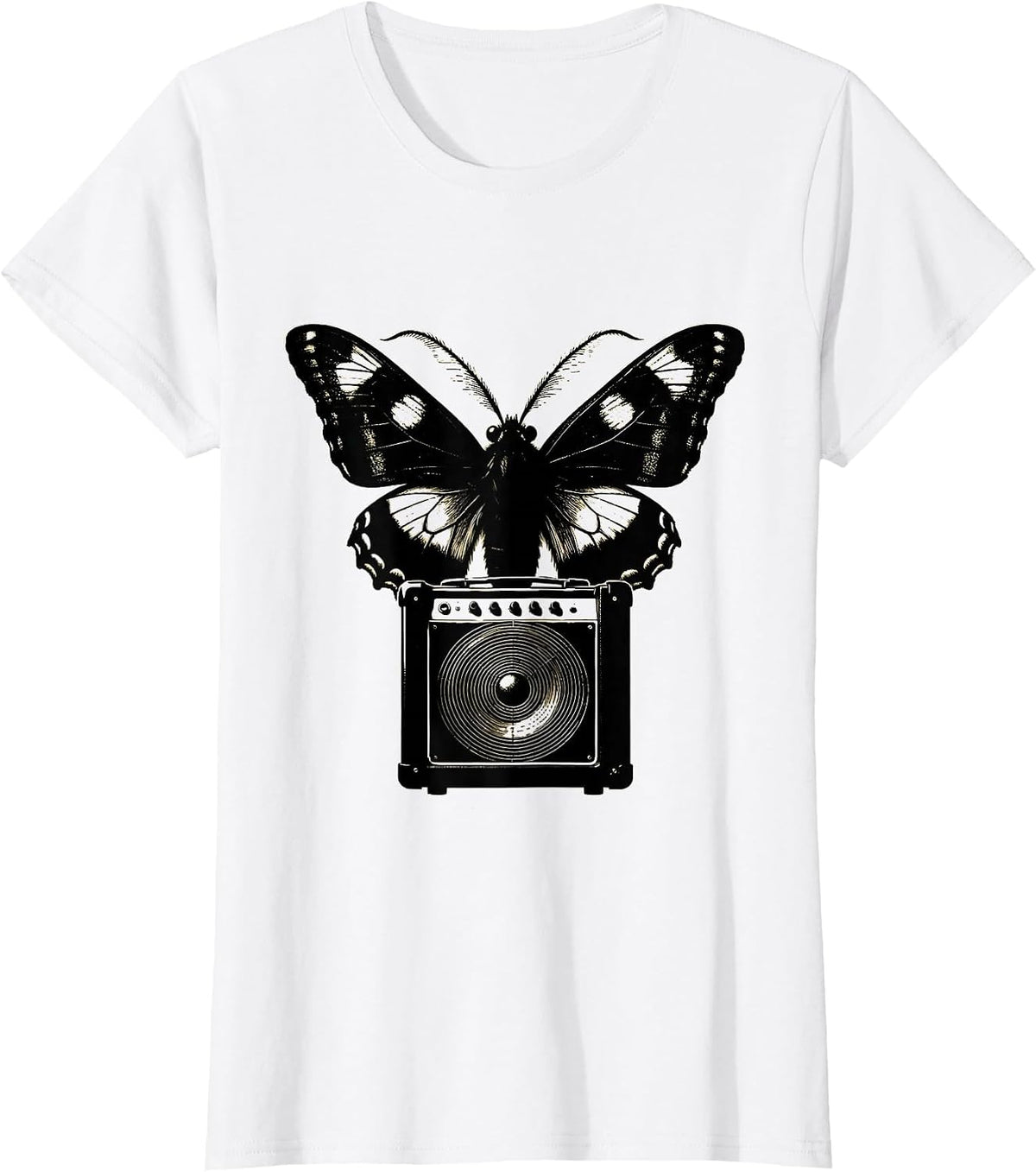 Moth and Glowing Amp Light Rock Music Graphic T-Shirt - White