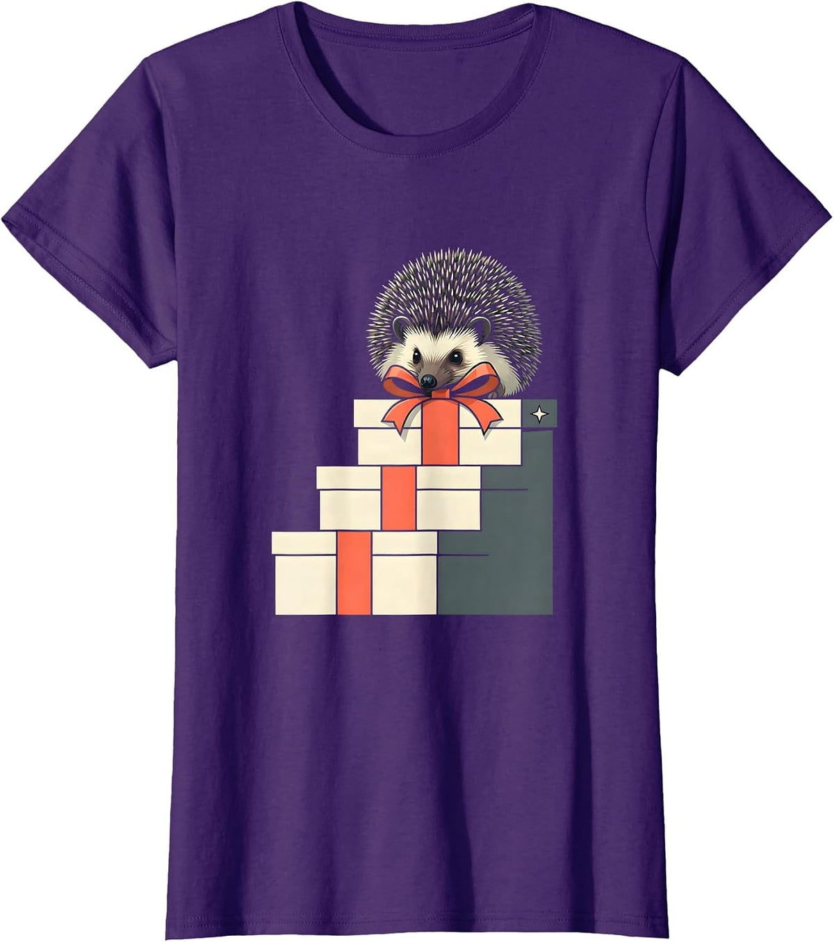 Women's Hedgehog Curled Gift Boxes Cute Christmas Novelty T-Shirt - Purple