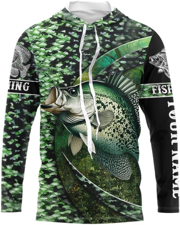 Crappie Fishing Green Scales Freshwater Fish Custom UV Protection Long Sleeves Fishing Shirt for Men - Long Sleeves Hooded