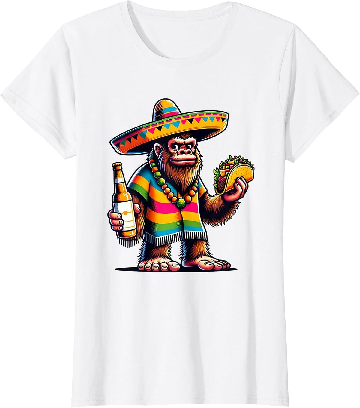 Funny Bigfoot with Taco & Beer Sasquatch Cinco de Mayo T-Shirt - White