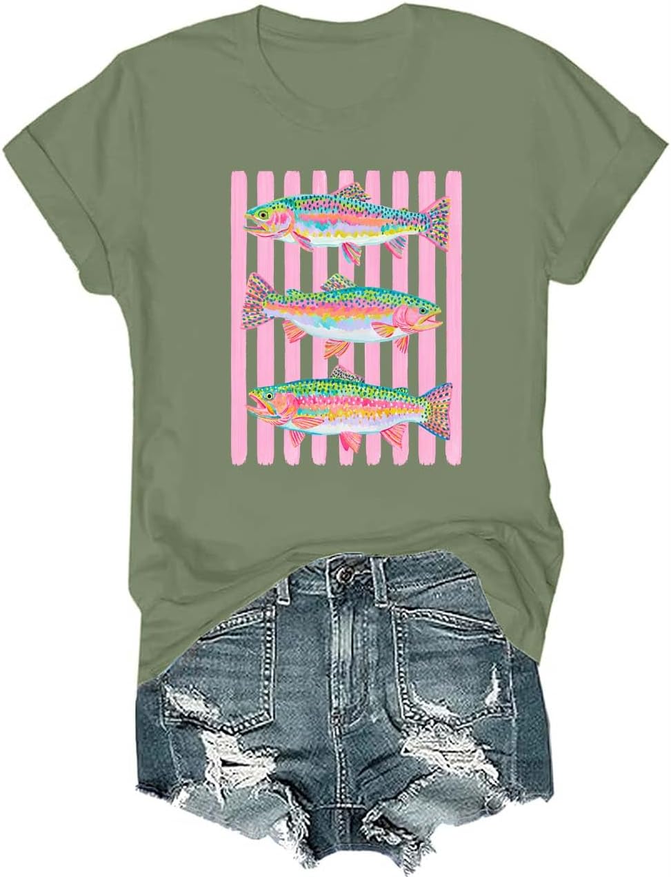 Rainbow Trout Fishing Shirt Colorful Fish Angler Graphic Tee - Crewneck Green