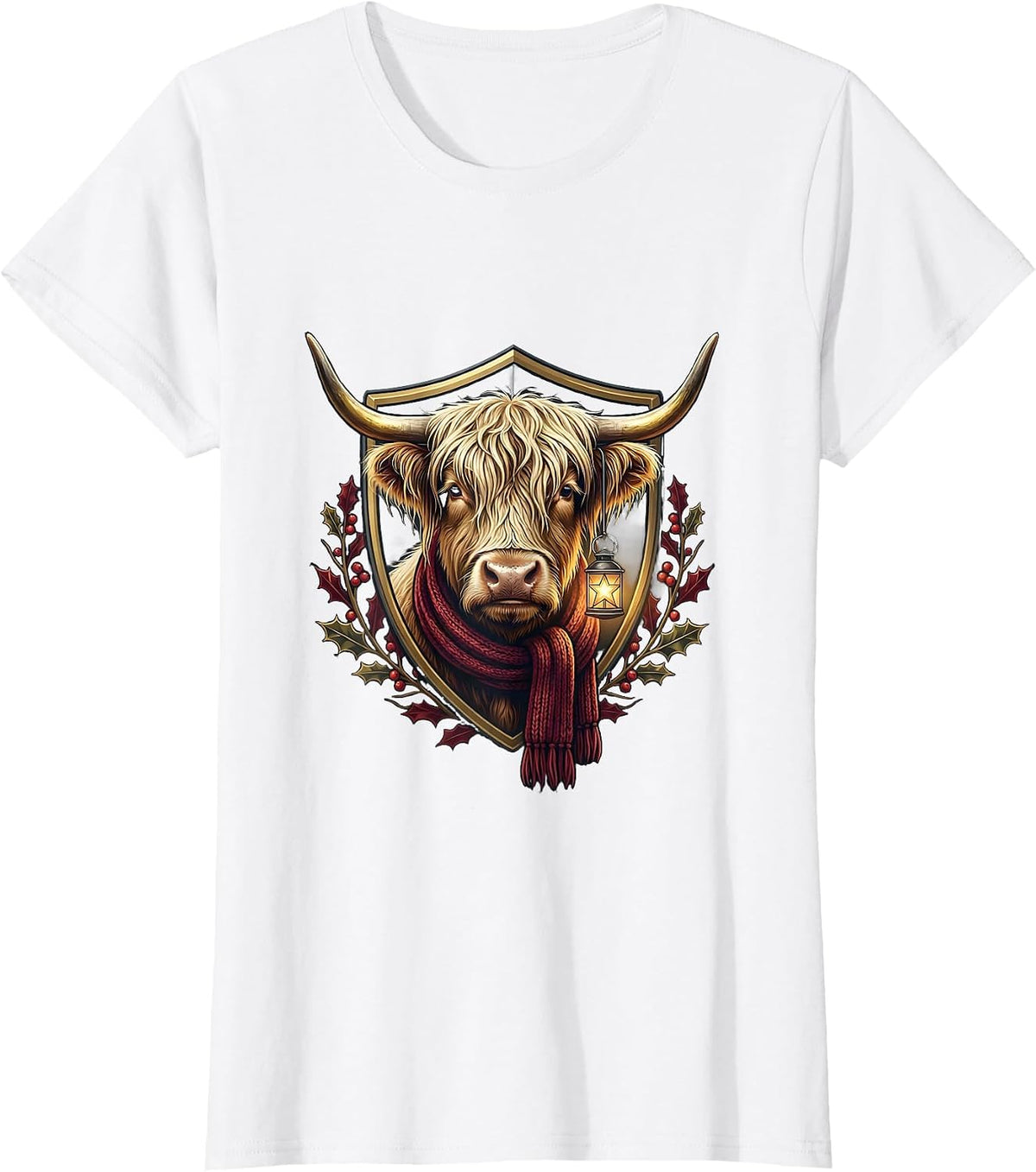 Women's Scottish Highland Cow Cozy Scarf Christmas Emblem T-Shirt - White