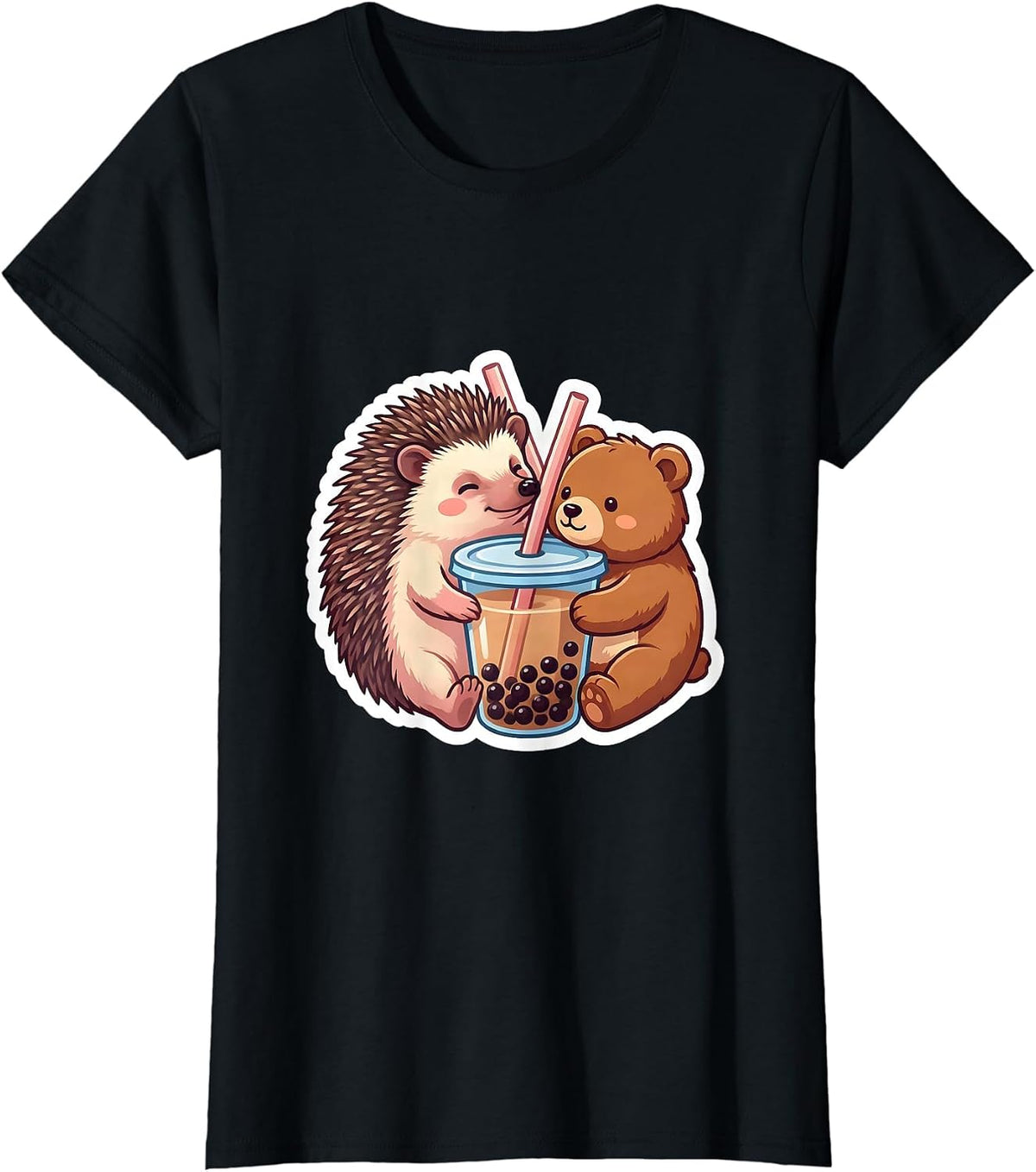 Hedgehog and Bear Boba Tea Kawaii Anime Girls Cute T-Shirt - Black