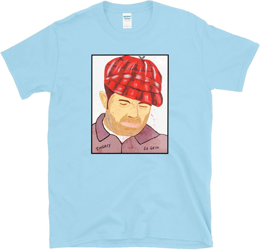 ED GEIN Portrait by John Wayne Gacy - Serial Killer True Crime Fan T-Shirt - Light Blue