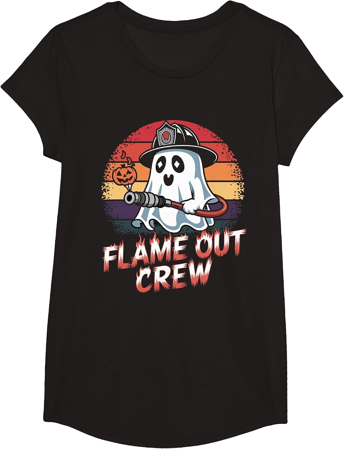 Flame Out Crew Ghost Firefighter Halloween Retro T-Shirt T-Shirt - Girls Black