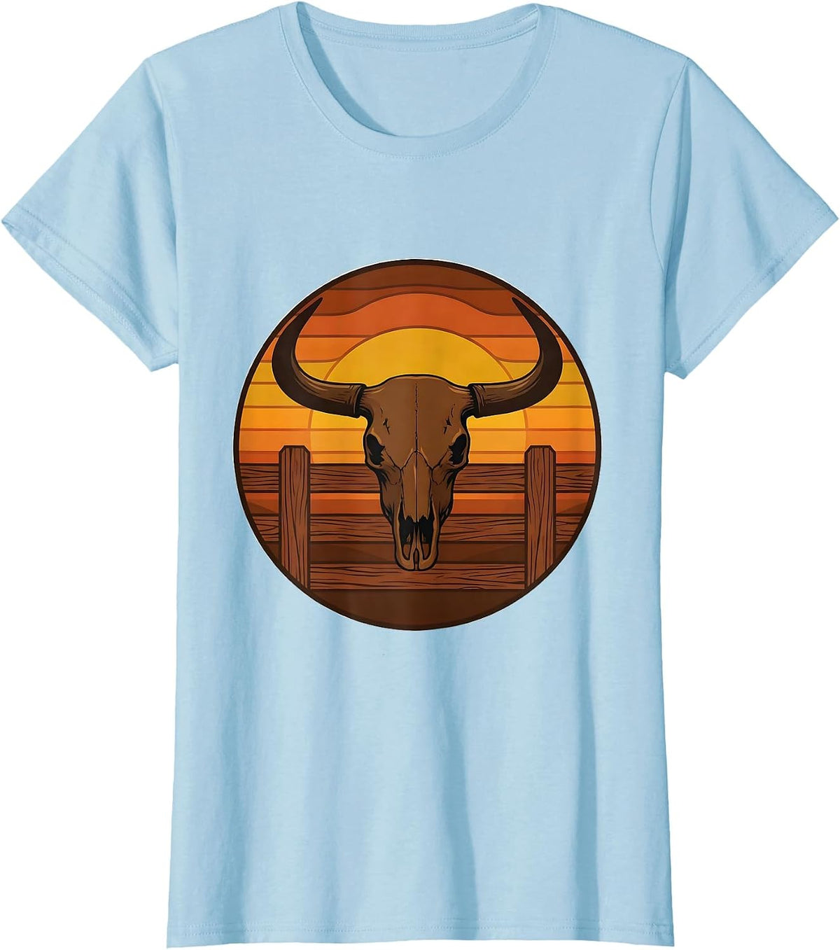 Women's Bull Horns Bursting Through Fence Rodeo Graphic T-Shirt - Baby Blue