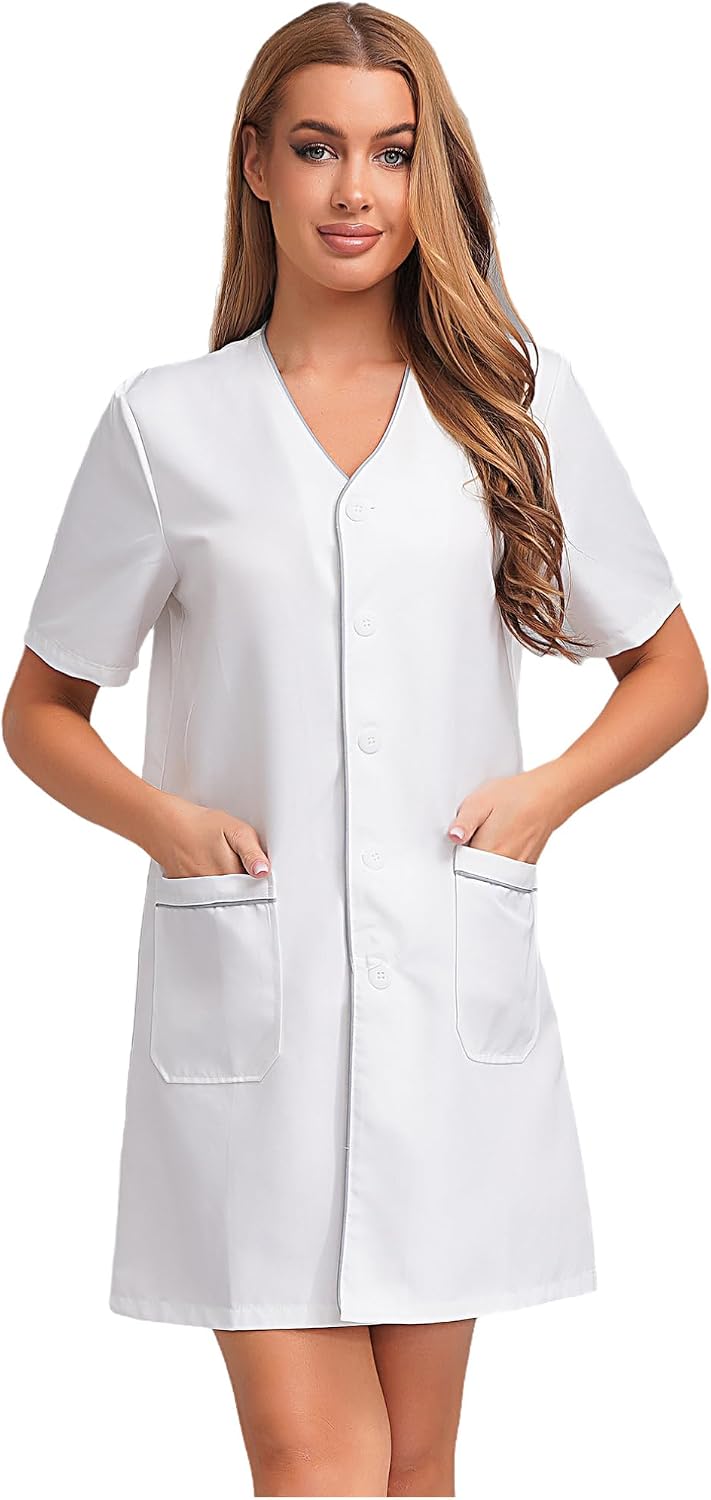 Agoky Womens Short Sleeve Salon Hairstylist Haircut Coat V Neck Beautician Barber Work Shirt Uniform - White