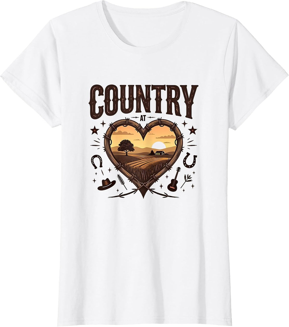 Country at Heart Rustic Farm Sunset Cowboy Western T-Shirt - White