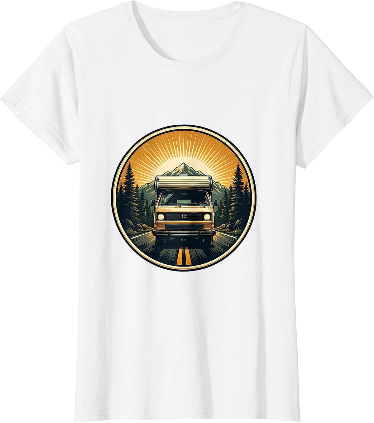 Vintage Camper Van Forest Road Adventure Graphic T-Shirt - White