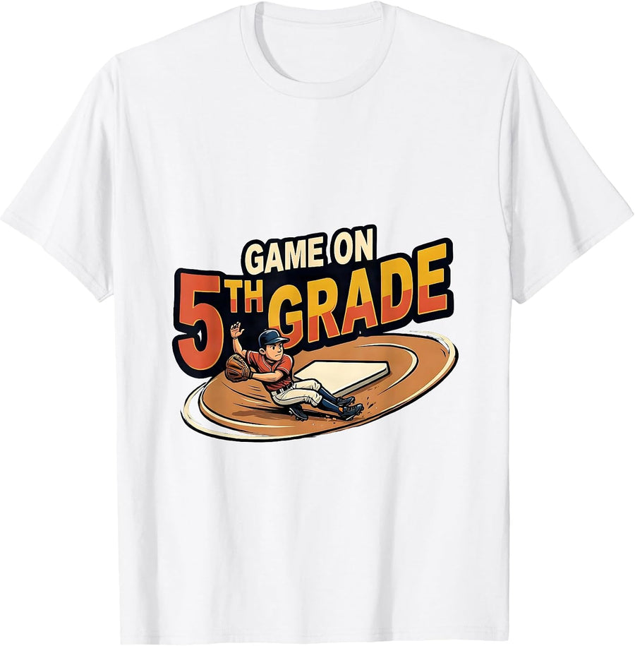 Men's Game On 5th Grade Cartoon Baseball Back to School Youth T-Shirt - White