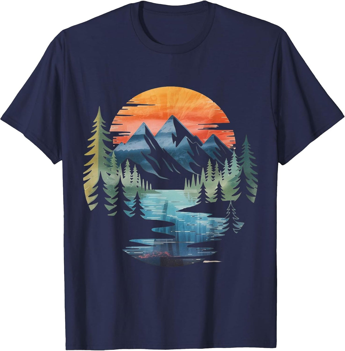 Vintage Mountain Sunset Forest Landscape Graphic River Art T-Shirt - Navy Blue