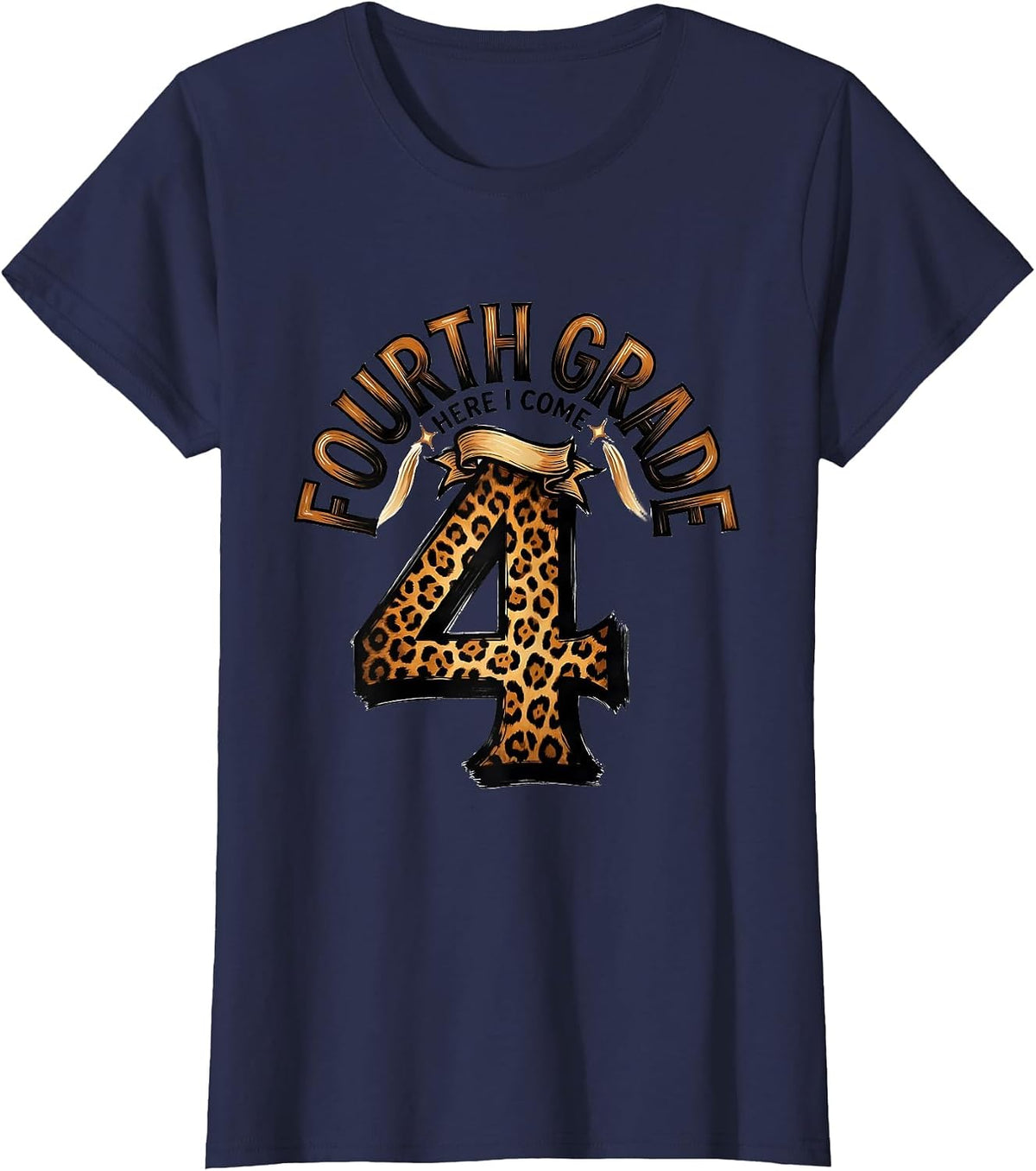 Women's Fourth Grade Here I Come Leopard Print Teacher Back T-Shirt - Navy Blue