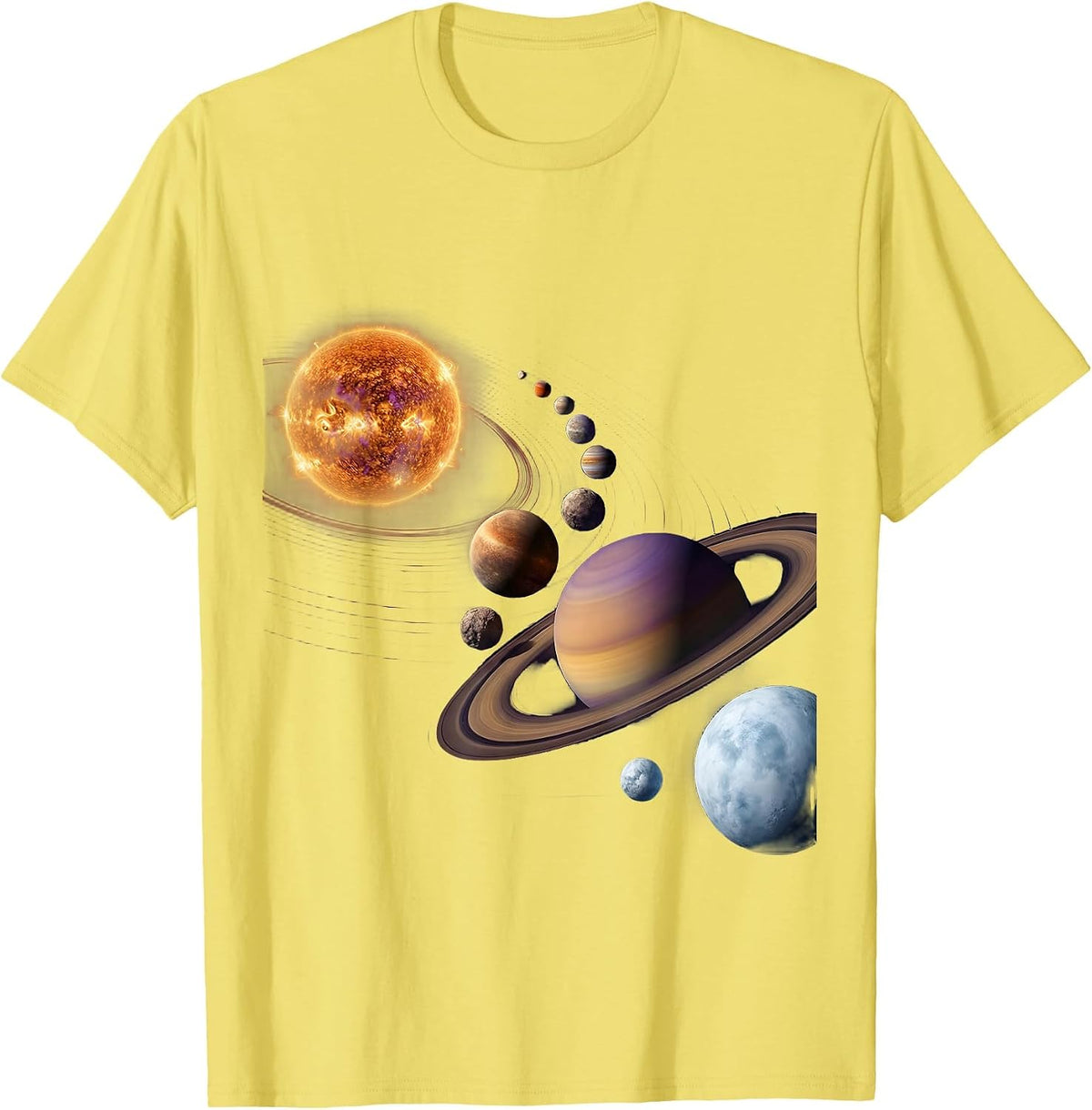 Men's Glowing Solar System Planets Aligned Space Art T-Shirt - Lemon Yellow