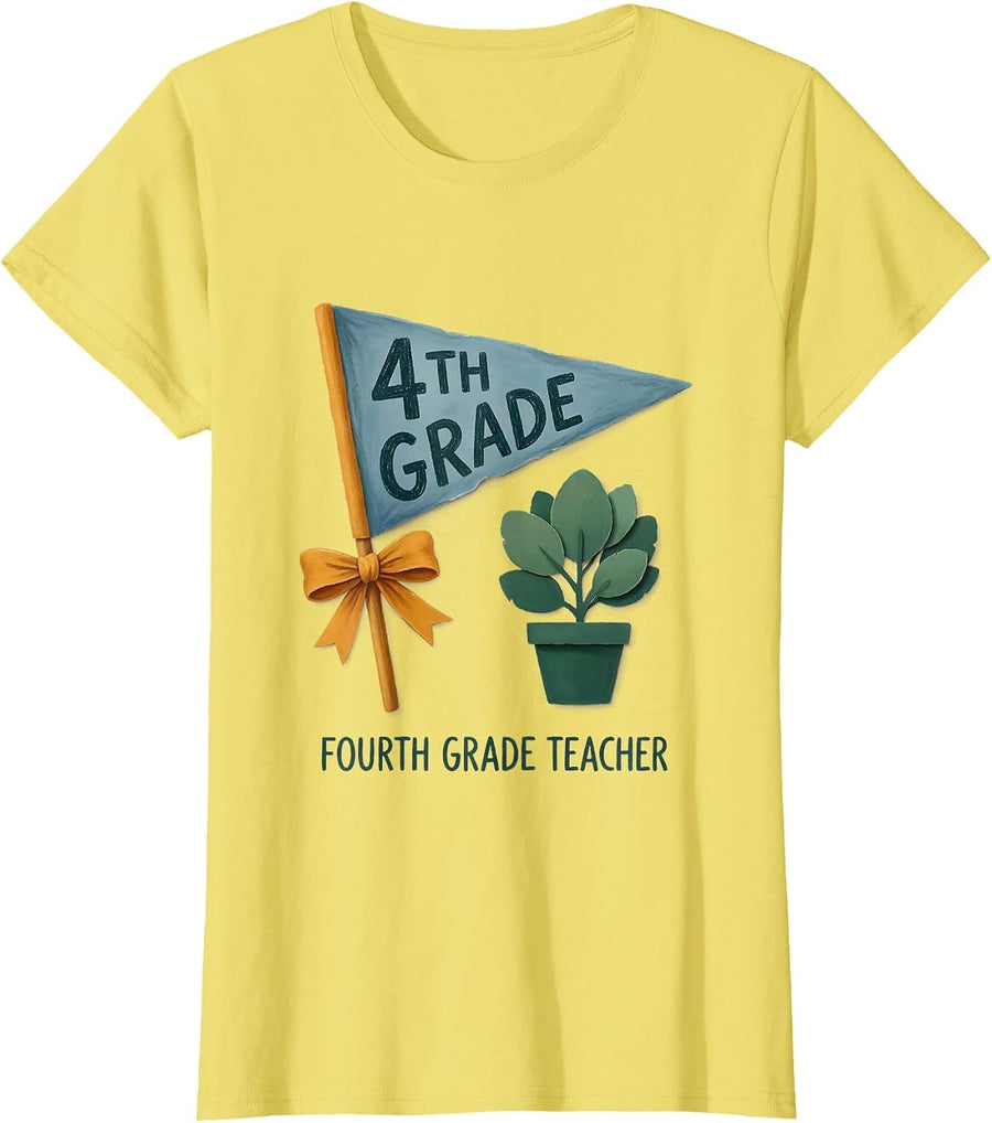 Women's Fourth Grade Teacher Storybook Pennant Flag Back To School T-Shirt - Lemon Yellow