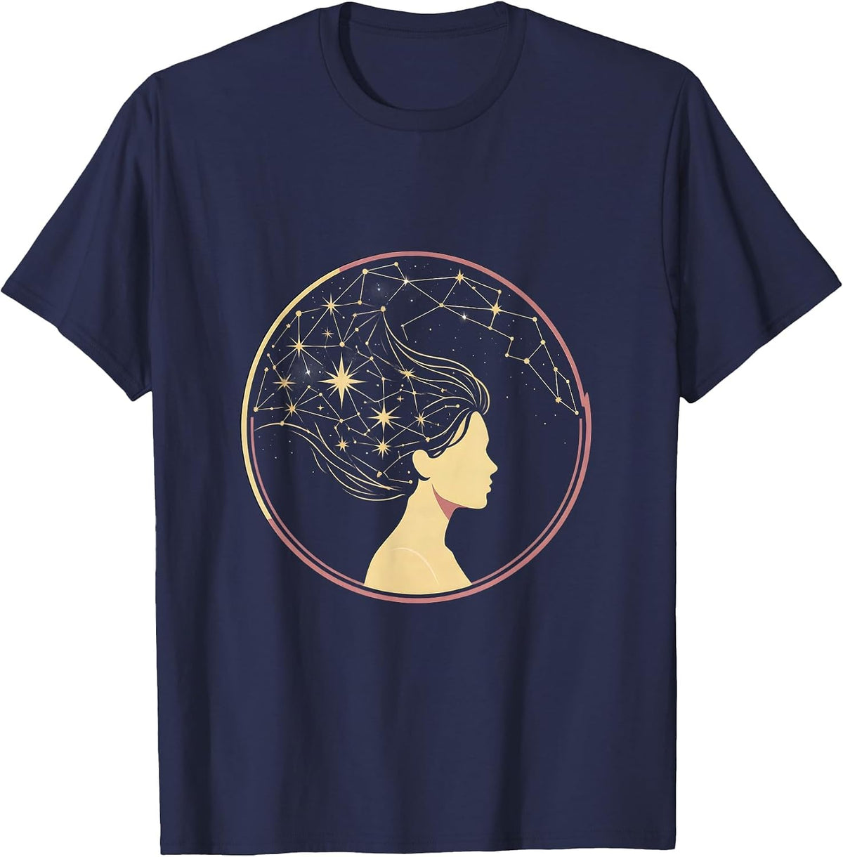 Constellation Hair Woman Night Sky Celestial Art T-Shirt - Navy Blue